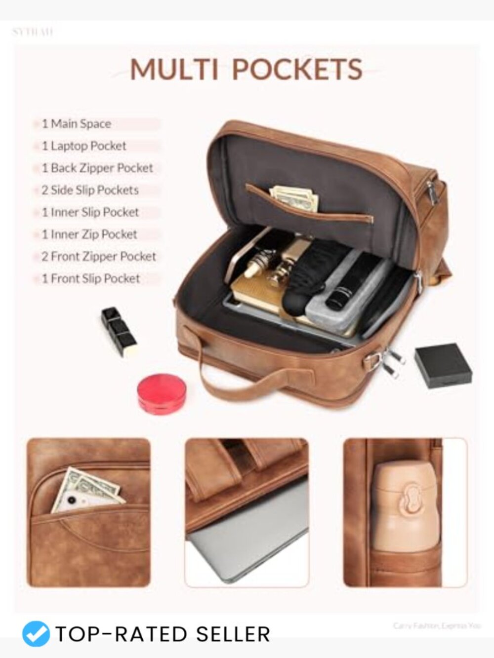 Leather Laptop Backpack 15.6 Inch Daypack with Tech Organizer Travel Work Bag - Picture 5 of 6